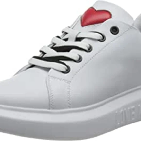 Love Moschino Sneakers JA15284G0CIA310A White Black Laces, Leather, Heart, NEW